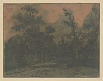 Farm Building Surrounded by Trees and a Fence, Hercules Segers (Dutch, ca. 1590–ca. 1638), Line etching and drypoint in blue, on a pink ground, colored with brush; unique impression